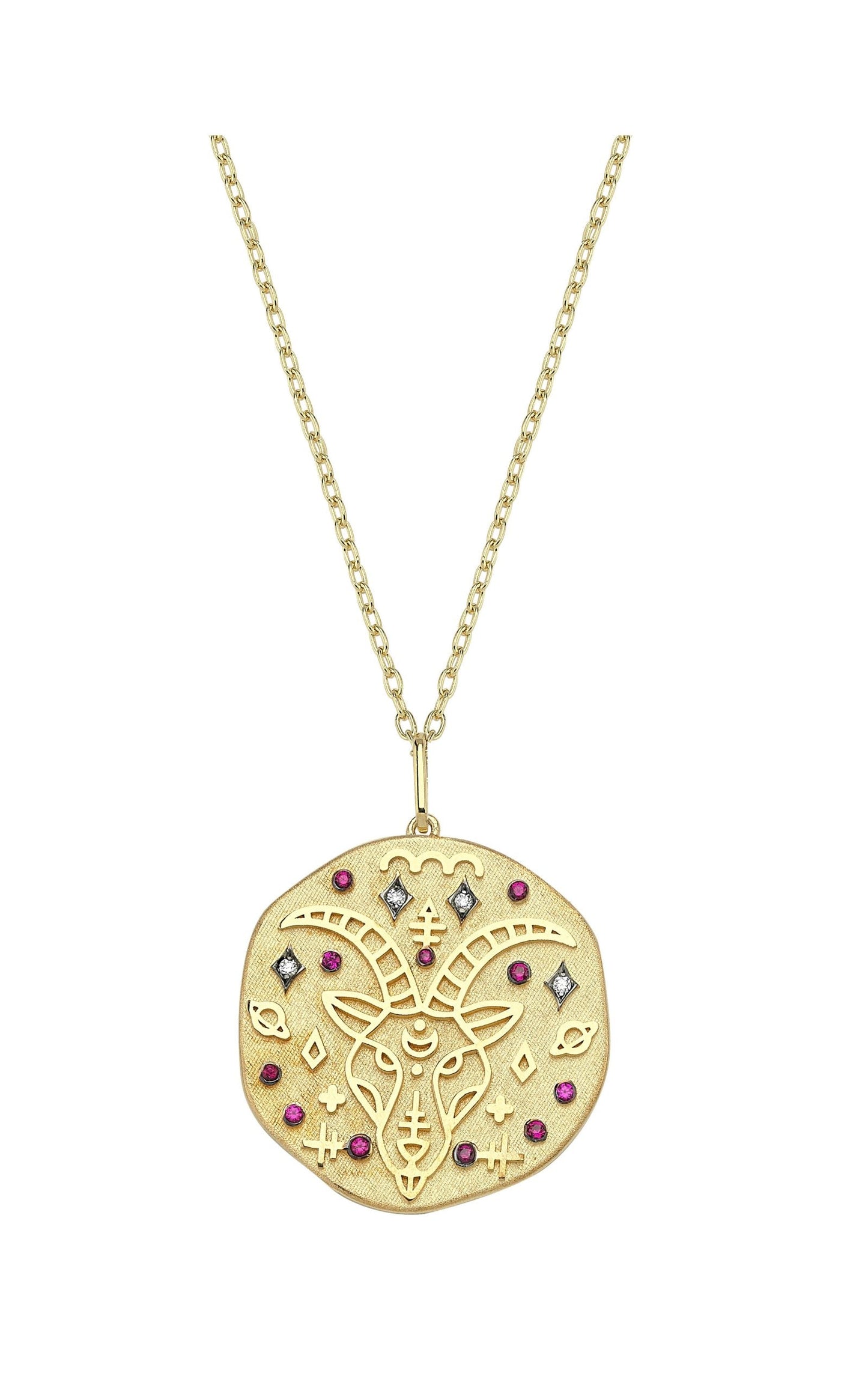 Capricorn Illustration Zodiac Necklace with Ruby Birthstone, Diamonds & Standart Chain