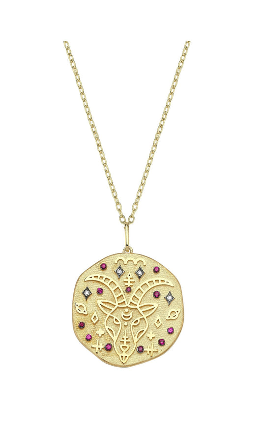 Capricorn Illustration Zodiac Necklace with Ruby Birthstone, Diamonds & Standart Chain