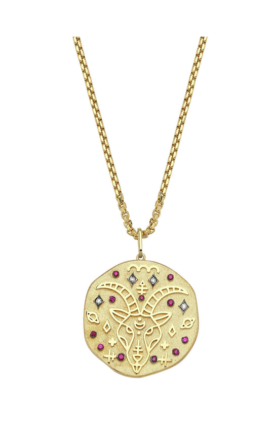 Capricorn Illustration Zodiac Necklace with Ruby Birthstone, Diamonds & Box Chain