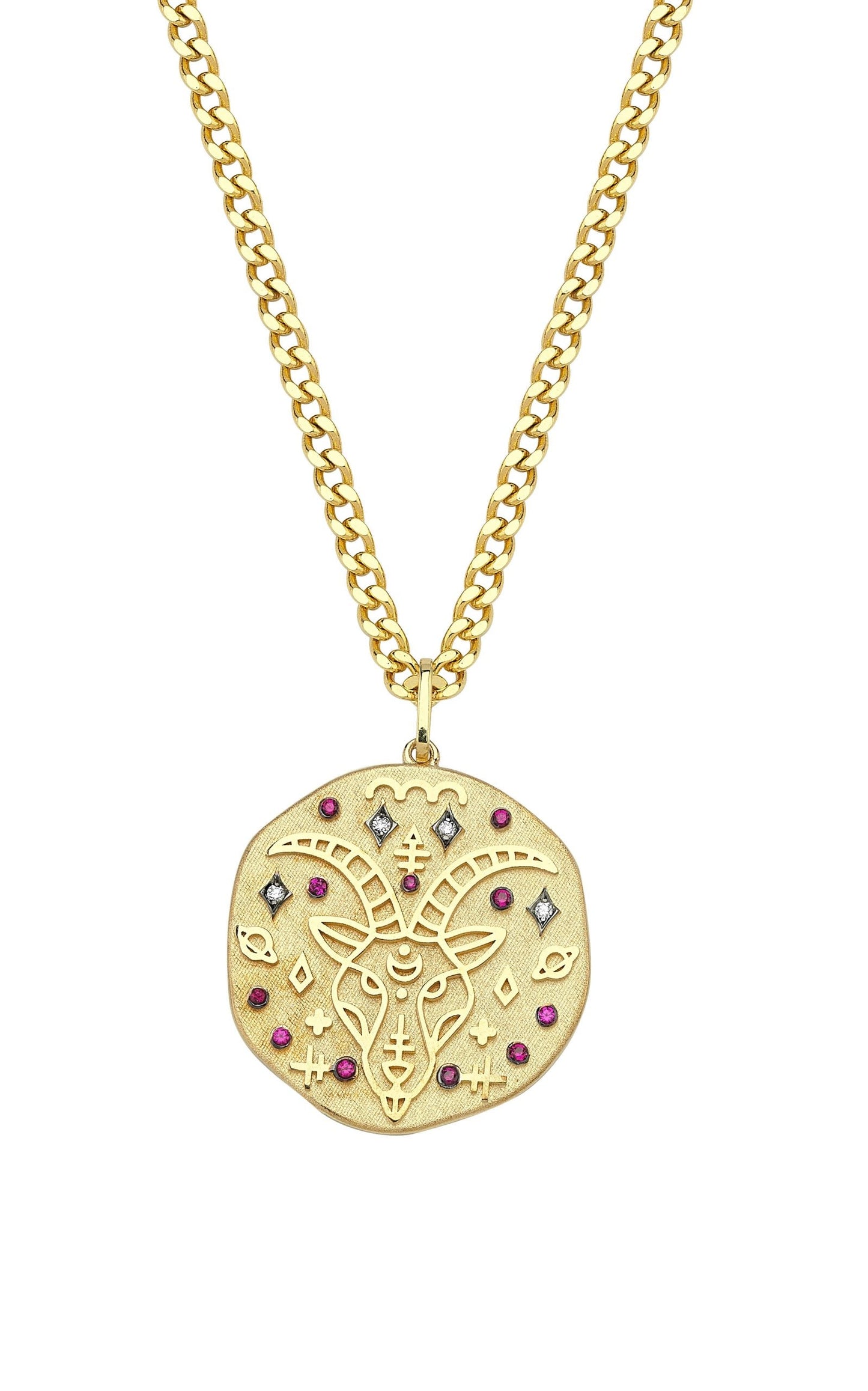 Capricorn Illustration Zodiac Necklace with Ruby Birthstone, Diamonds & Curb Chain