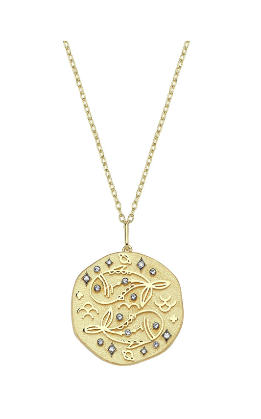 Pisces Illustration Zodiac Necklace with Aquamarine Birthstone, Diamonds & Standart Chain