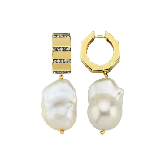 Baroque Pearl Geometric Hoop with Champagne Diamonds (Price for Double)
