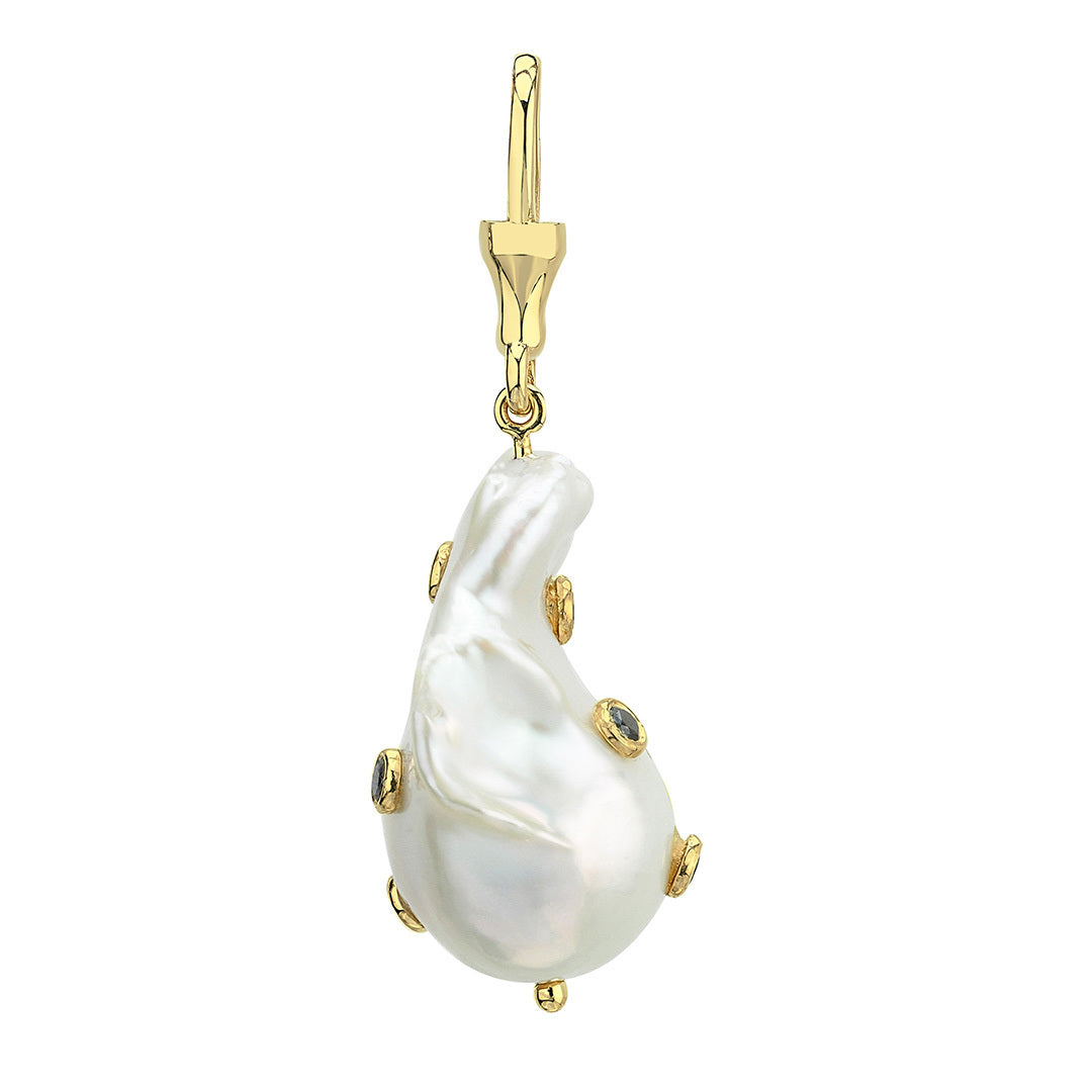 Large Baroque Pearl Hook Pendant with Black Diamonds