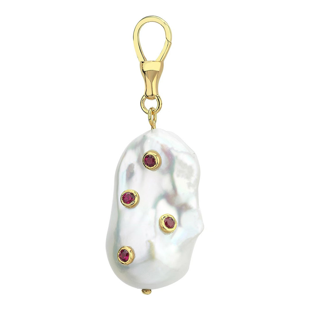Large Baroque Pearl Hook Pendant with Rubies