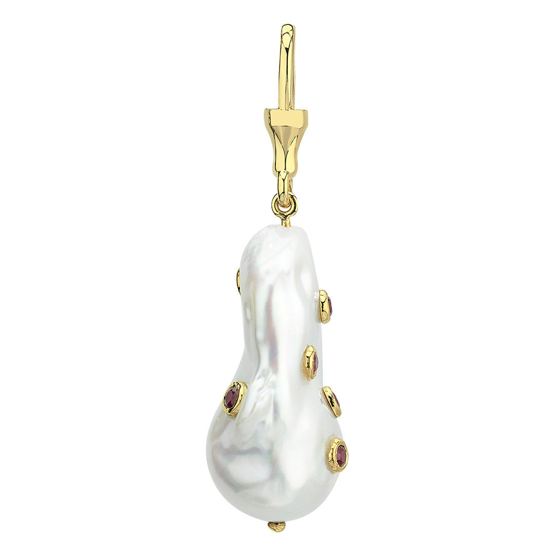 Large Baroque Pearl Hook Pendant with Rubies