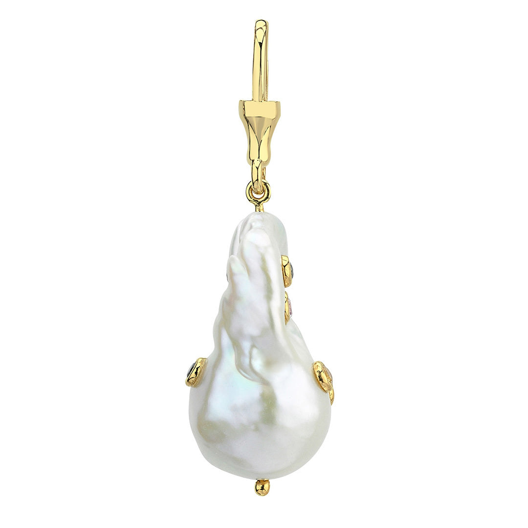 Large Baroque Pearl Hook Pendant with Rainbow Sapphires