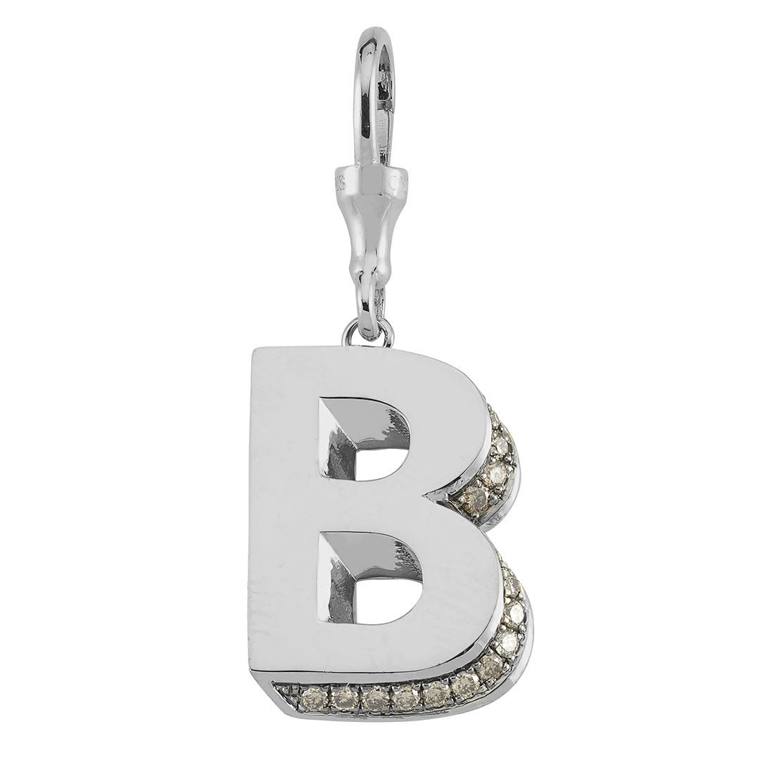 3D Letter Hook Charm with Champagne Diamonds (White Gold)