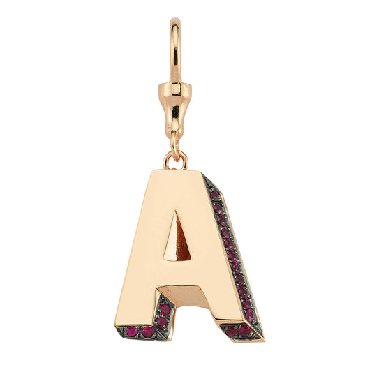 3D Letter Hook Charm with Rubies (Rose Gold)
