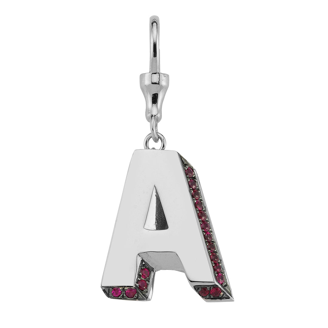 3D Letter Hook Charm with Rubies (White Gold)