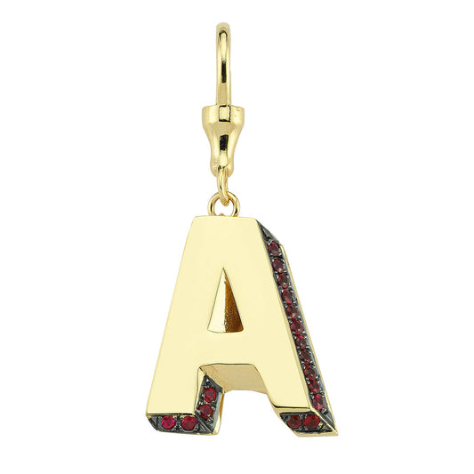 3D Letter Hook Charm with Rubies (Yellow Gold)