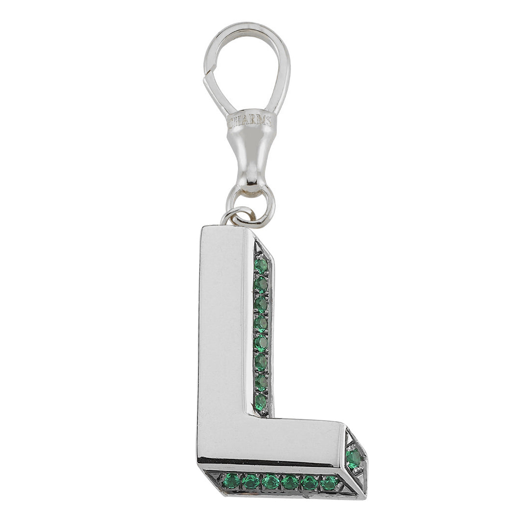 3D Letter Hook Charm with Tsavorites (White Gold)