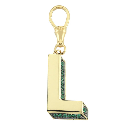 3D Letter Hook Charm with Tsavorites (Yellow Gold)