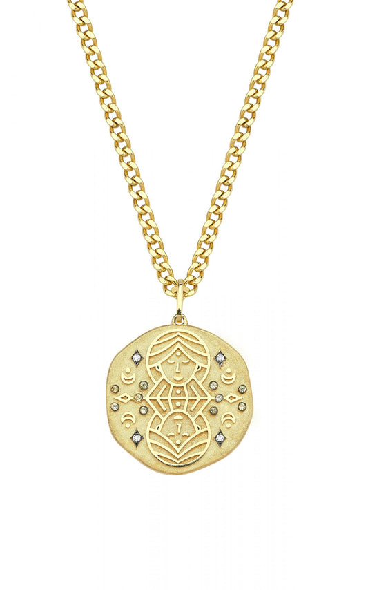 Gemini Illustration Zodiac Necklace with Citrine Birthstone, Diamonds & Curb Chain