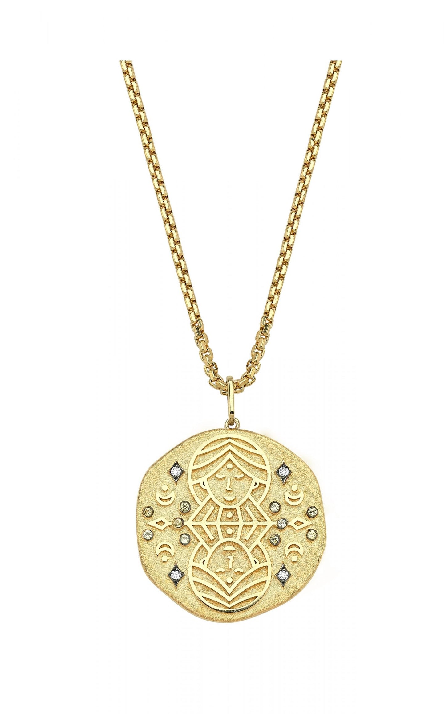 Gemini Illustration Zodiac Necklace with Citrine Birthstone, Diamonds & Box Chain