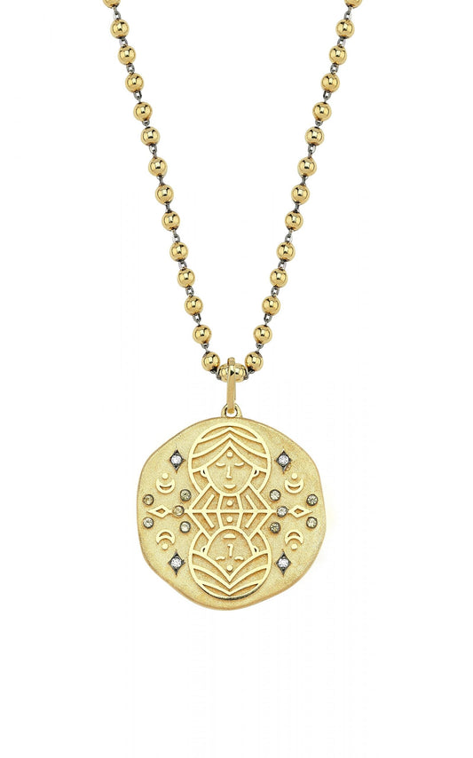 Gemini Illustration Zodiac Necklace with Citrine Birthstone, Diamonds & Ball Chain