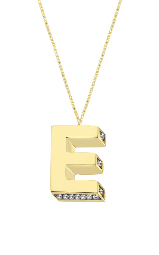 3D Letter E Necklace With Diamonds
