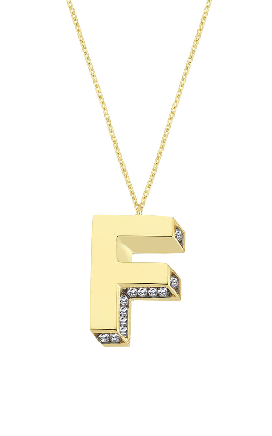3D Letter F Necklace With Diamonds