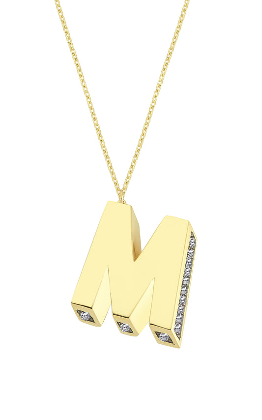 3D Letter M Necklace With Diamonds