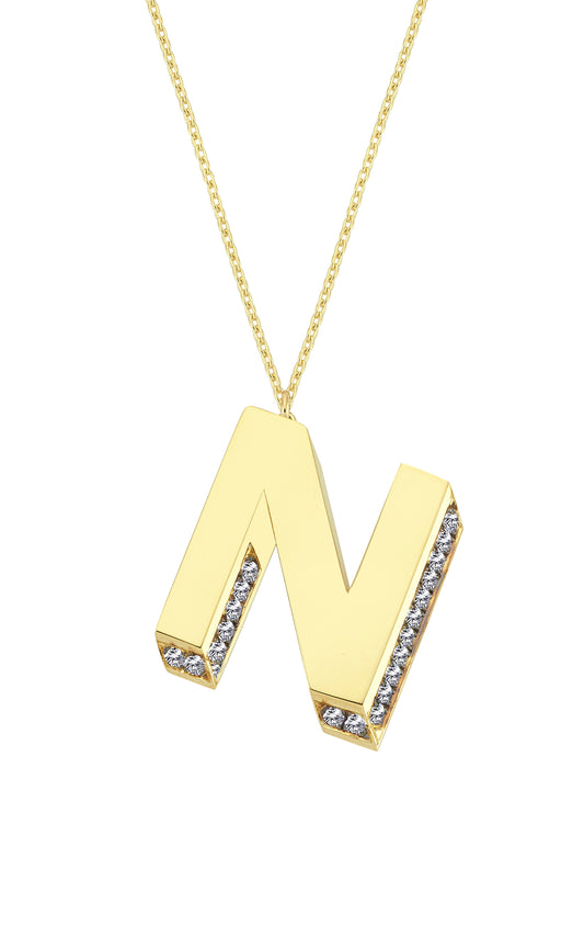 3D Letter N Necklace With Diamonds