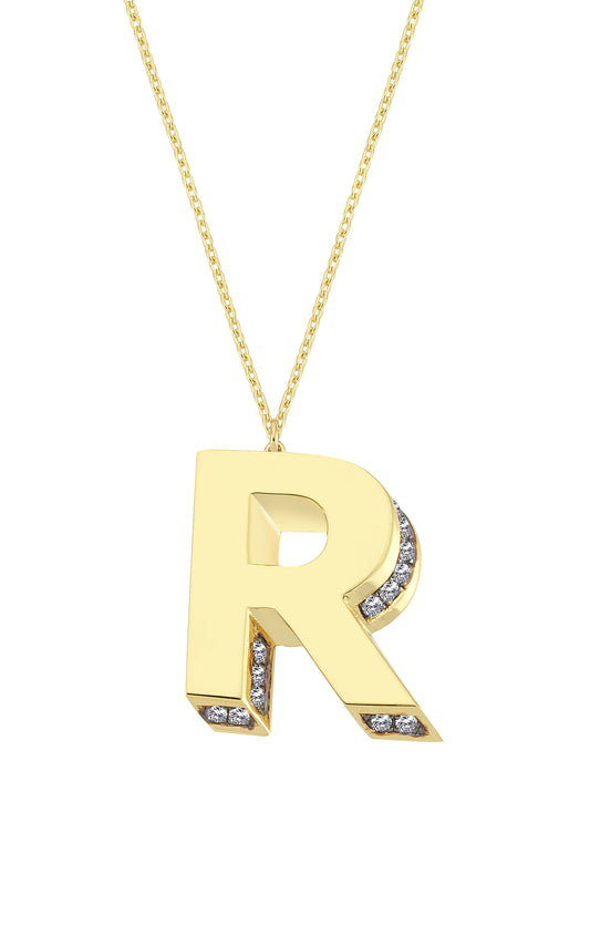 3D Letter R Necklace With Diamonds