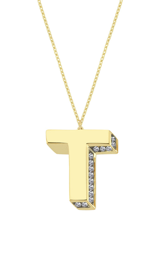 3D Letter T Necklace With Diamonds