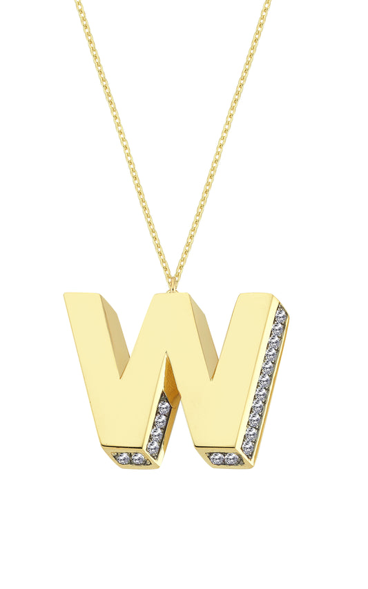 3D Letter W Necklace With Diamonds