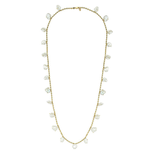 Pearl Long Necklace with Gold and Black Rhodium Ball Chain