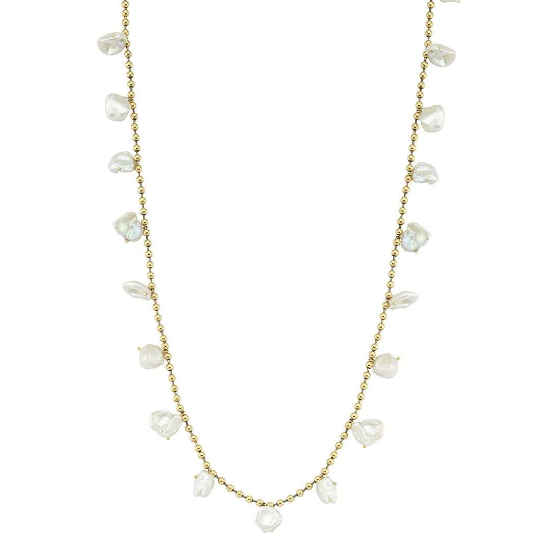 Pearl Long Necklace with Gold and Black Rhodium Ball Chain