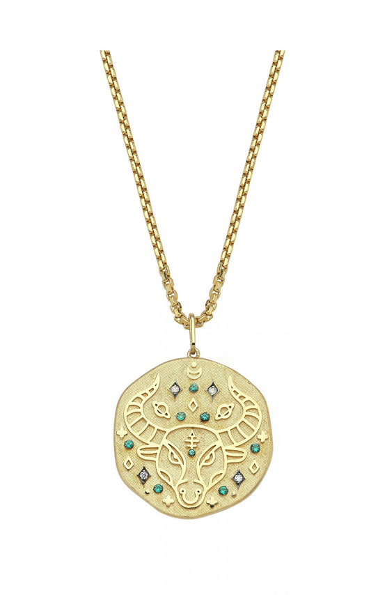 Taurus Illustration Zodiac Necklace with Emerald Birthstone, Diamonds & Box Chain
