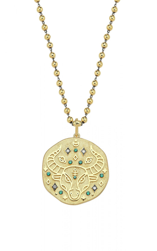 Taurus Illustration Zodiac Necklace with Emerald Birthstone, Diamonds & Ball Chain