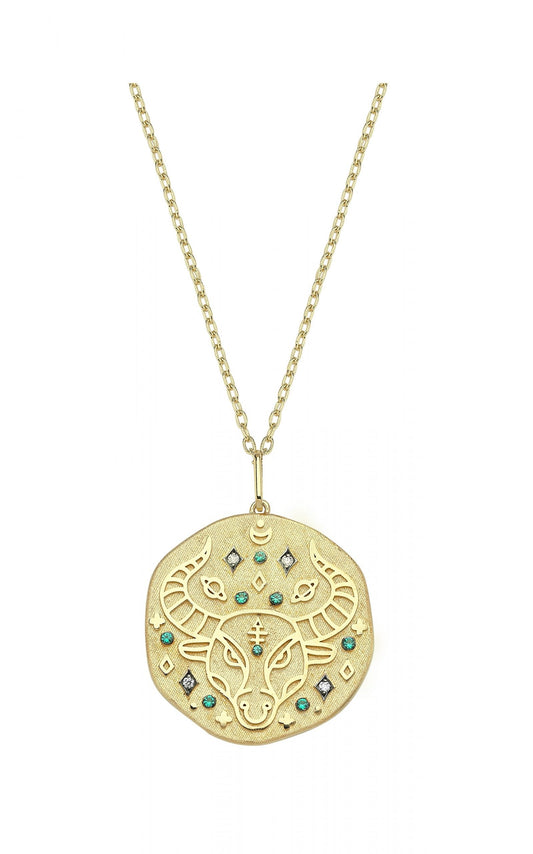 Taurus Illustration Zodiac Necklace with Emerald Birthstone, Diamonds & Standart Chain