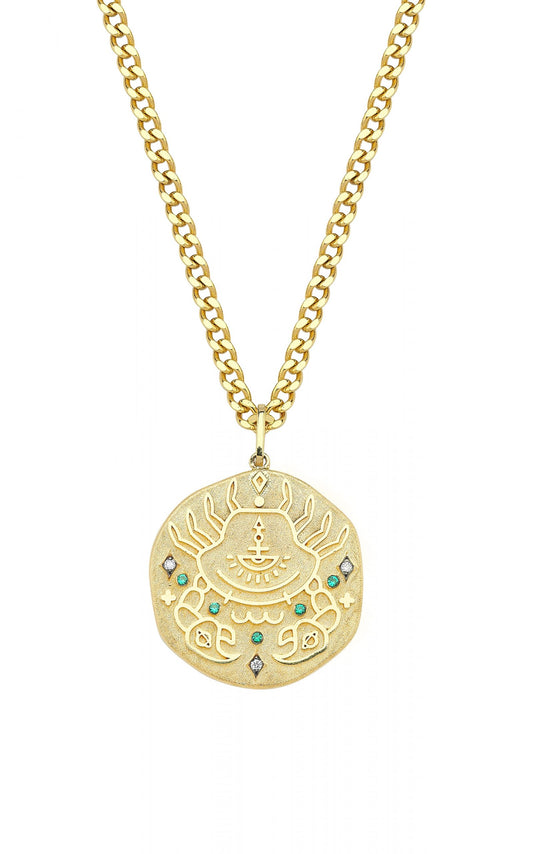 Cancer Illustration Zodiac Necklace with Emerald Birthstone, Diamonds & Curb Chain