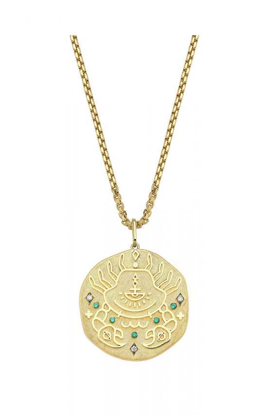 Cancer Illustration Zodiac Necklace with Emerald Birthstone, Diamonds & Box Chain