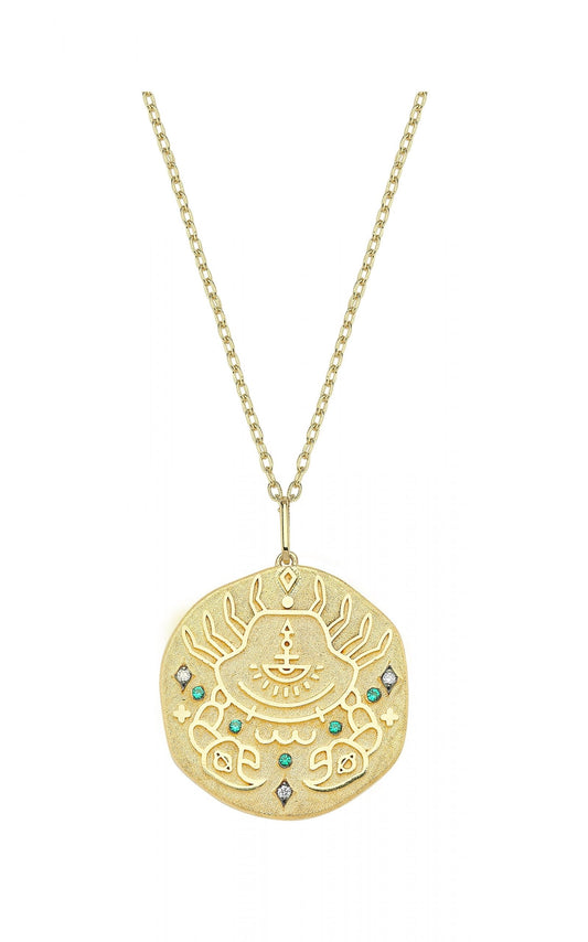 Cancer Illustration Zodiac Necklace with Emerald Birthstone, Diamonds & Standart Chain