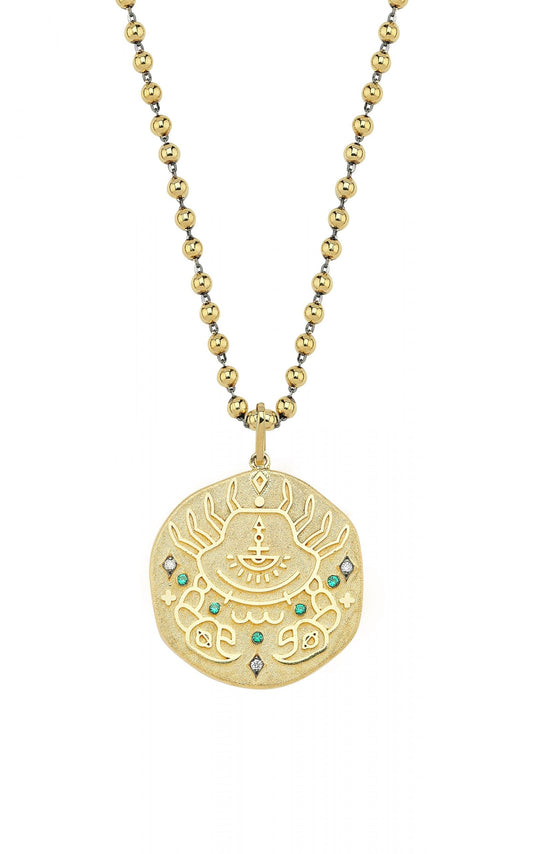 Cancer Illustration Zodiac Necklace with Emerald Birthstone, Diamonds & Ball Chain