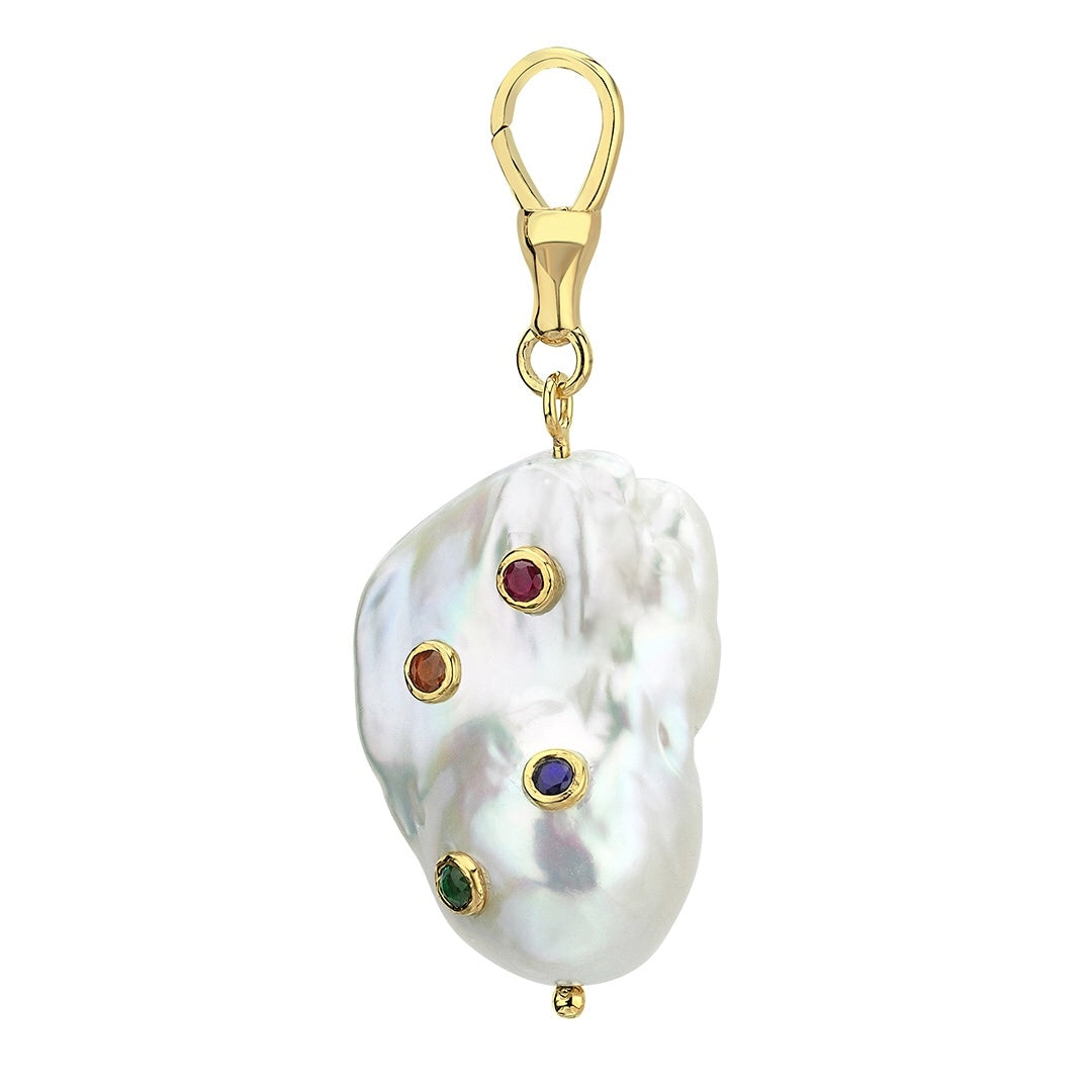 Large Baroque Pearl Hook Pendant with Rainbow Sapphires